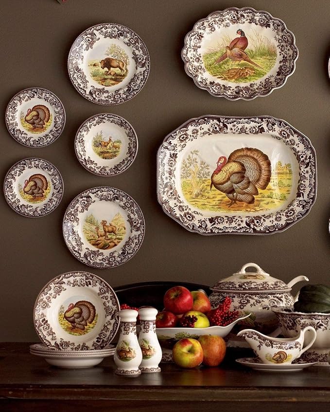 Spode Woodland Turkey Luncheon Plate - 9" Fine Earthenware Dish with British Flowers Border, Rustic Thanksgiving Design - Dishwasher, Microwave, Oven & Freezer Safe - Made in England