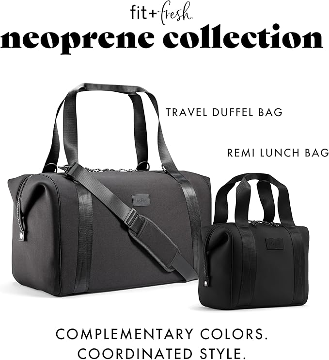 Fit & Fresh Remi Neoprene Lunch Bag For Women - Meal Prep Kit with Containers & XL Ice Pack, Self Insulating Neoprene-like Material, Machine Washable Lunch Bag, Tear-Resistant, Stain-Resistant, Black