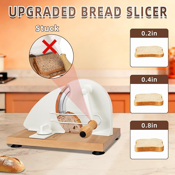 Manual Bread Slicer for Homemade Sourdough Bread Adjustable Thickness Bread Cutter with Hand Crank, Slicing Guide, Scale Line, Stainless Steel Blade & Suction Cups, for Perfect Even Slices (Cream)