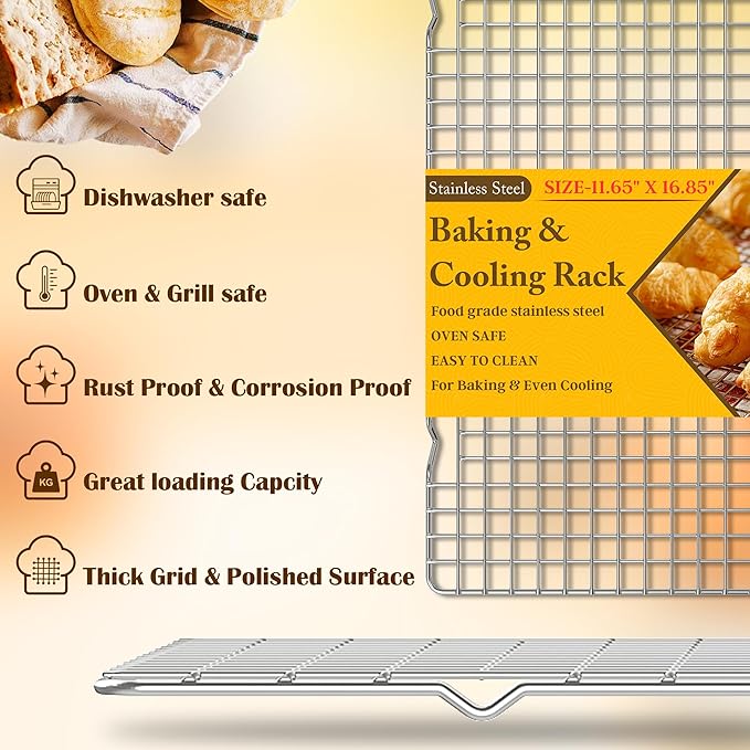 2PCS Cooling Racks for Cooking and Baking -11.65''x16.85''Heavy Duty Stainless Steel Wire Rack for Baking, Grilling, Roasting - Oven & Dishwasher Safe - Fits Half Sheet Pan（Silver）