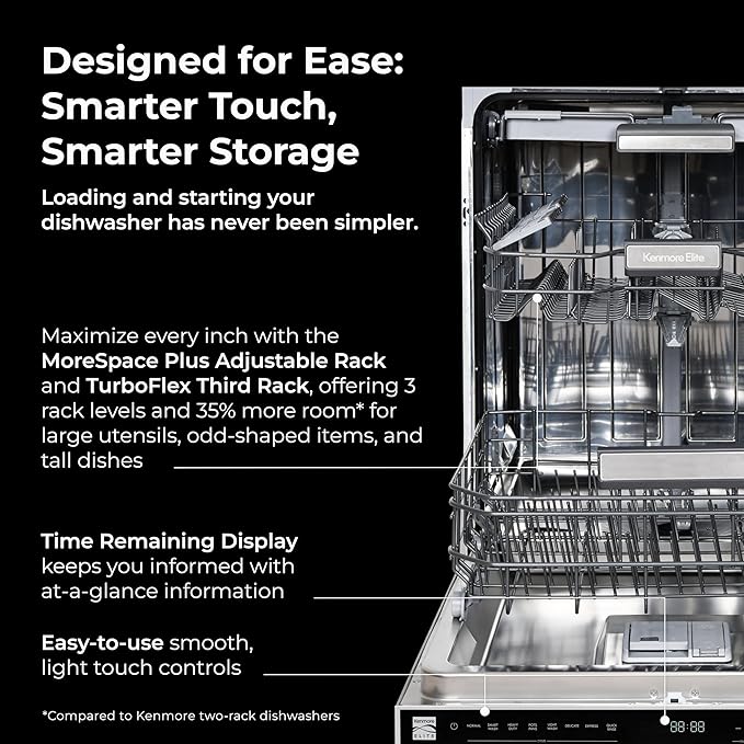 Kenmore Elite 24" Built-In Dishwasher - UltraWash Plus, TurboDry, QuietWash, SmartWash, TurboFlex Third Rack & Reach-Thru Handle - 15 Place Settings - 42 DBA - ENERGY STAR Certified - Stainless Steel