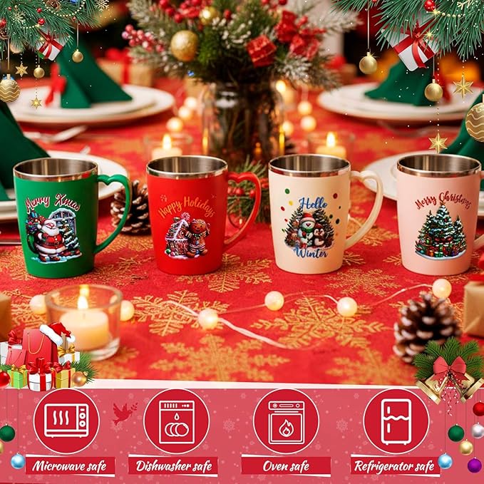 Maxcheck 6 Pcs Christmas Coffee Mugs Cups 16 oz Merry Christmas Stainless Steel Insulated Tumblers Bulk with Handle Lid Straw Brushes Red Green Xmas Tree Santa Claus Mug Gifts for Winter Holiday Party