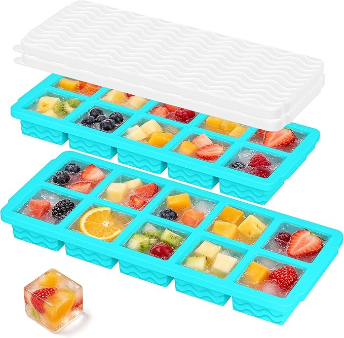 Doasuwish Small Silicone Molds with Lids, 2-Tbsp 10-Cube Square Ice Trays, Dishwasher Safe, Covered Ice Molds for Iced Coffee & Cocktails, Freeze 30mL/15mL Portions -2 Pack
