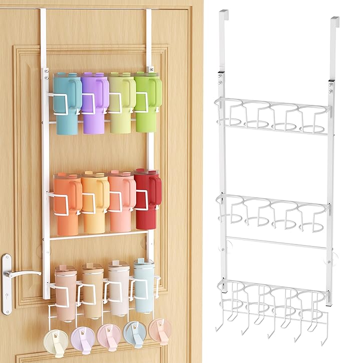SWTYMIKI 3-Tier Water Bottle Organizer - Over the Door Stanley Cup Holder - Cup Rack with Hooks for Door or Wall Mount Option- Tumbler Organizer Storage Display for Kitchen Dorm Office RV, White