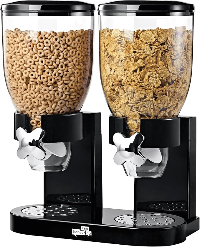 Honey-Can-Do Zevro Essential Dual-Control Dry Food Dispenser – Effortless & Organized Storage for Cereal, Dog Food, or Snack Dispenser for All Kinds of Treats, 17.5 oz Each Capacity, Black/Chrome