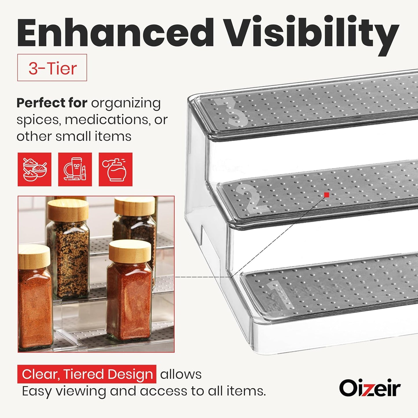 Expandable Spice Organizer Rack (2-PACK) - 3-Tier - Clear Adjustable Tiered Shelf Spices Organization for Kitchen Cabinet and Pantry Storage