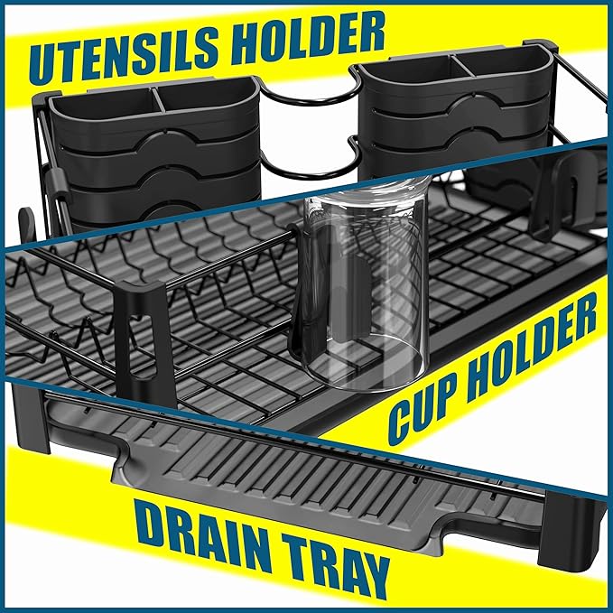 Simple Houseware Dish Drying Rack with Drainboard, Utensil Holder & Mug Hooks, Black Metal Kitchen Counter Organizer