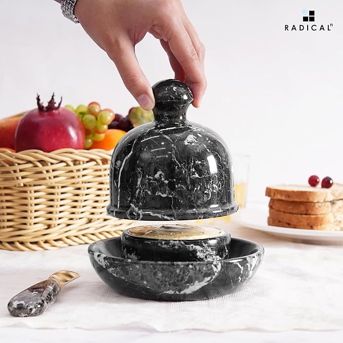 Radicaln Marble Butter Dish With Lid For Countertop 6" Inches Black Zebra Handmade Butter Spreader For Kitchen Accessories, Ideal Butter Crock for Butter & French Butter Holder