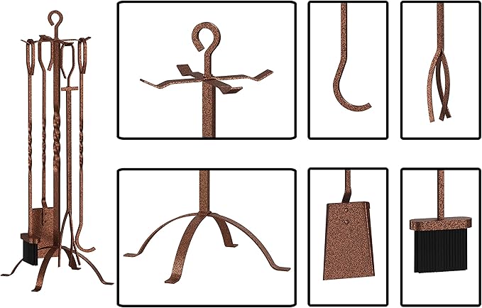 Fire Beauty 5 Pieces Fireplace Tools Sets Fireplace Accessories Tools Holder with Handles Tools for Indoor Fireplace Decor Outdoor Fire Pit Modern Tool(Antique Bronze)