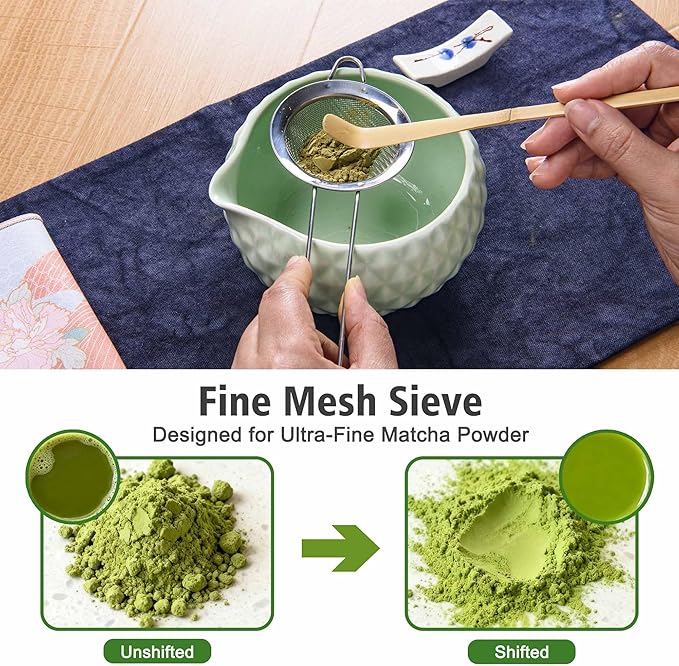 Matcha Whisk Bowl Set, 7PCS All-in-One Japanese Tea Set Includes Matcha Bowl with Spout, Bamboo Whisk (Chasen) with Stand, Scoop, Sifter, Complete Kit for Ceremony, Gift for Matcha Tea Lovers(Green)