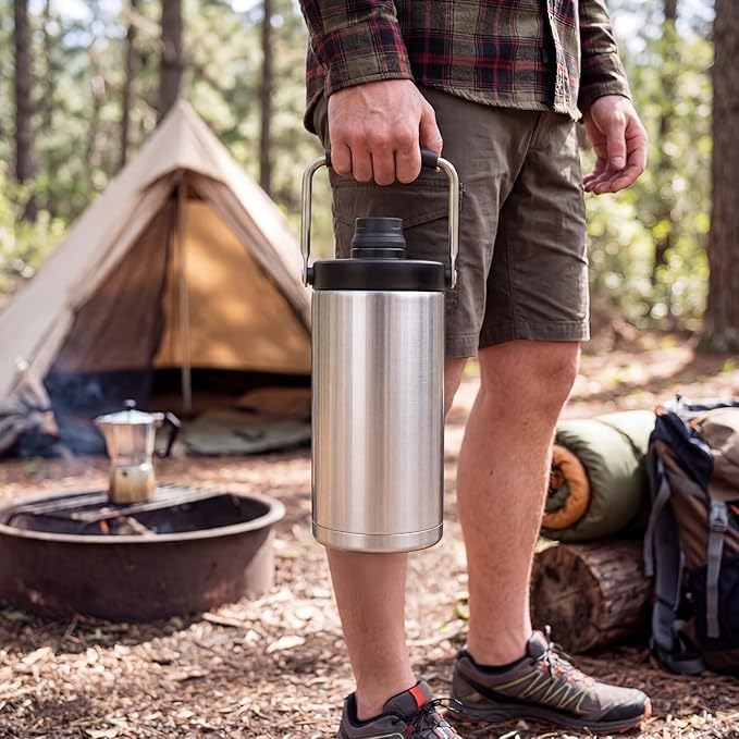 Kerilyn Insulated Half Gallon Jug with Handle, 64oz Stainless Steel, Large Double Vacuum Water Bottle for Hot & Cold Drinks, Wide Mouth, Sweat Proof, Great for Travel, Camping, Black