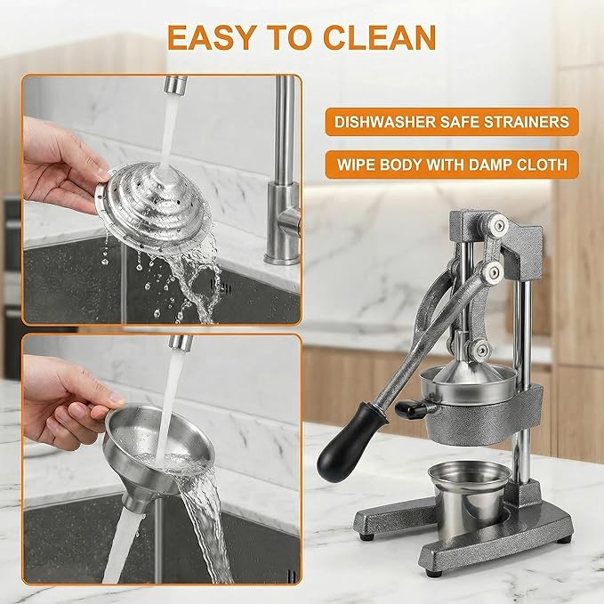 Cast Iron Citrus Juicer - 13.8LB Heavy Duty Manual Orange Press, 304 Stainless Steel Cup & Strainer, Professional Lemon Grapefruit Pomegranate Squeezer for Home Bar Kitchen, Grey