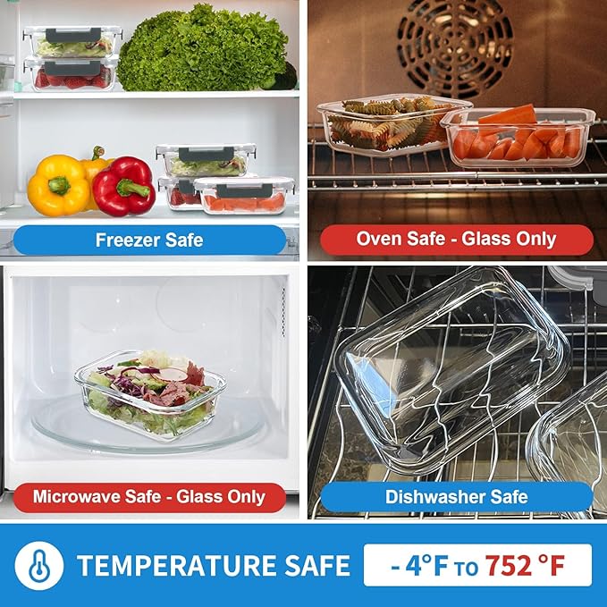 GULFLIN 12 Pack 22oz Glass Meal Prep Containers, Food Storage Containers with Lids, Air-Tight, Leak-Resistant, Freezer to Microwave Safe - Grey Set