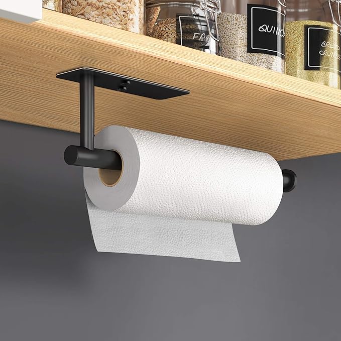 VAEHOLD Self Adhesive Paper Towel Holder Under Cabinet Mount, Wall Mount Paper Towel Roll Rack for Kitchen Cabinet, Bathroom, SUS304 Stainless Steel Black