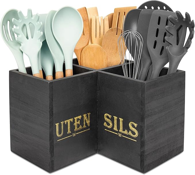 RedCall Kitchen Utensils Holder,Extra Large 3 Compartments Corner Utensil Caddy for Countertop,Wooden Farmhouse Utensil Organizer
