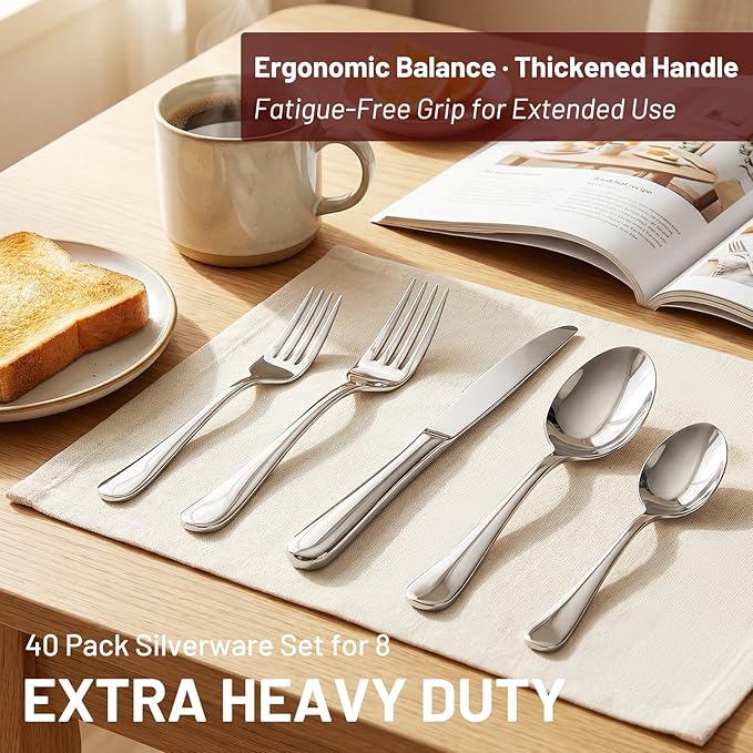 KIKCOIN 40 Pack Silverware Set for 8, Food-Grade Stainless Steel Flatware Set, Heavy Duty Mirror Polished Cutlery Utensils Set with Knives Spoons and Forks Set for Home Kitchen Restaurant Wedding