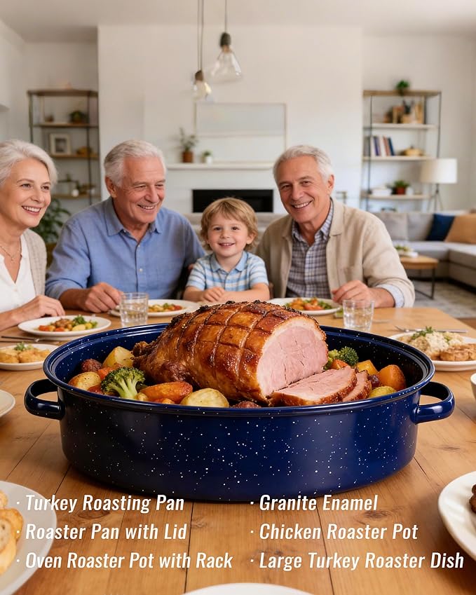 Roasting Pan with Lid and Rack 18" Deep Large Oval Enamel Roaster Pan, Oven Dishwasher Safe Non-Stick Non-Toxic Baking Pan for Chicken Turkey Ham Steak Roasts & Bread Birthday Mothers Day Gift