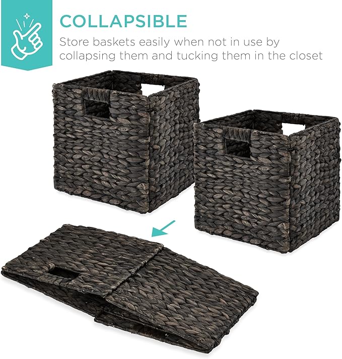 Best Choice Products 10.5x10.5in Pack of 5 Cube Storage Baskets, Water Hyacinth Multipurpose Collapsible Organizers, Handwoven Laundry Totes for Laundry, Living Room, Kids Room & Nursery - Black