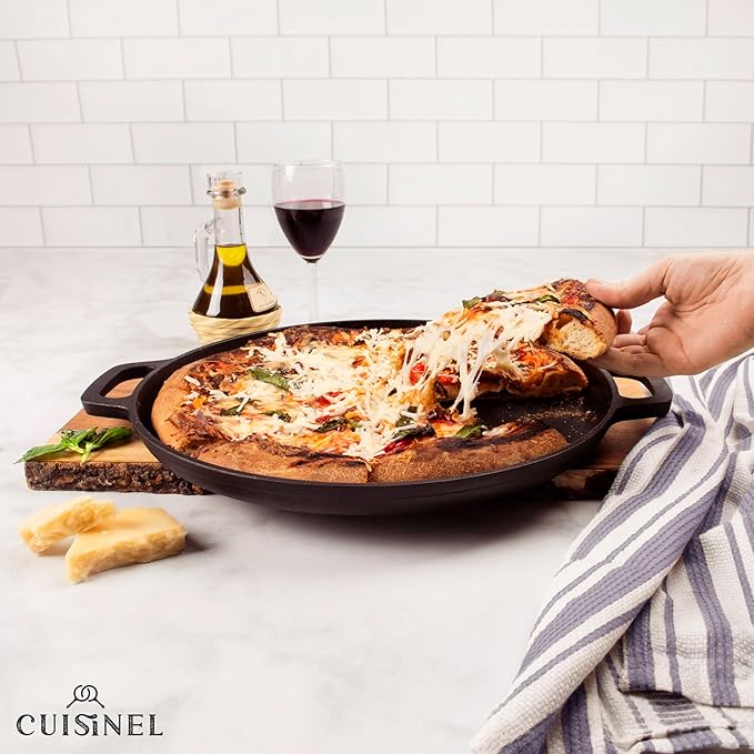 Cuisinel Cast Iron Pizza Pan 13.5-Inch – Pre-Seasoned Round Baking Stone for Oven, Grill & Stovetop – Heavy-Duty Skillet Alternative for Crispy Crust Pizza, Flatbreads & Roasting