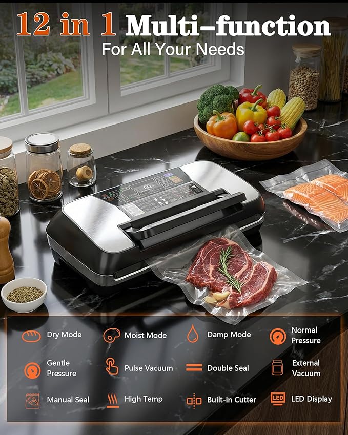 95kPa Food Vacuum Sealer Machine, Powerful 230W Vacuum Pack System with Double Heat Seal for Moist & Dry Food, 12-in-1 Automatic Sealer Includes Built-in Cutter, Hose for Jars & Wine, 1 Roll + 10 Bags