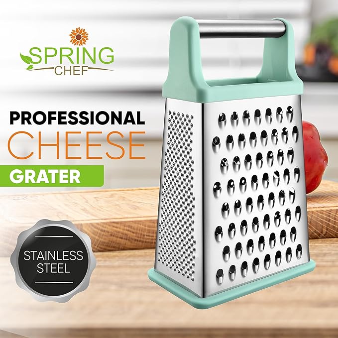 Spring Chef Professional Cheese Grater - Stainless Steel Box Grater for Kitchen, XL Size - Perfect 4 Sided Shredder for Parmesan Cheese, Vegetables, Ginger - Dishwasher Safe - Mint