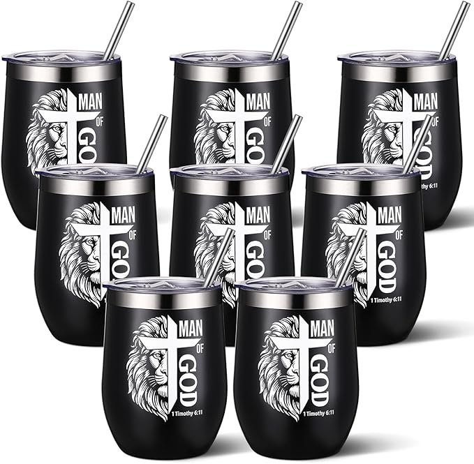 Sliner 8 Pcs Christian Gifts for Men Man of God Coffee Tumbler with Lid Catholic Gift for Men Bible Verse Gift for Pastor Father's Day God Bless Church Religious Cross Inspirational Gifts