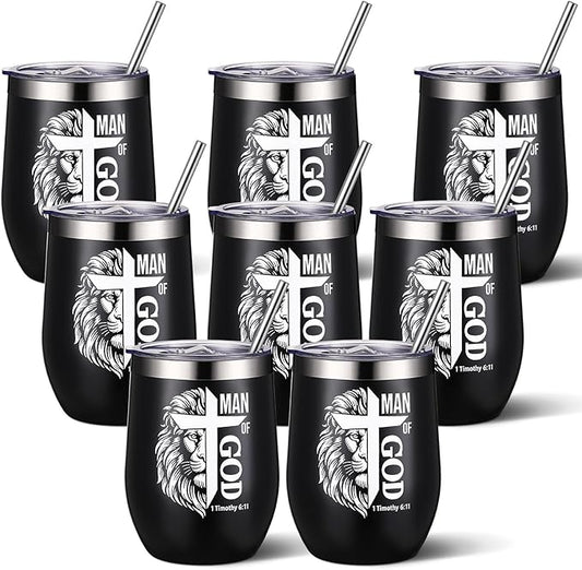 Sliner 8 Pcs Christian Gifts for Men Man of God Coffee Tumbler with Lid Catholic Gift for Men Bible Verse Gift for Pastor Father's Day God Bless Church Religious Cross Inspirational Gifts