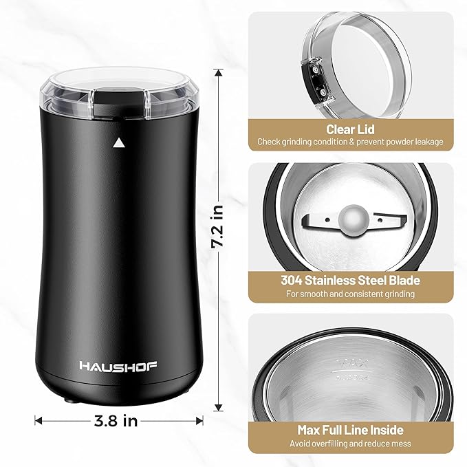 HAUSHOF Coffee Grinder Electric, One Touch Coffee Bean Grinder for Beans, Spices, Herbs and Seeds, Compact Design, with Clean Brush Black