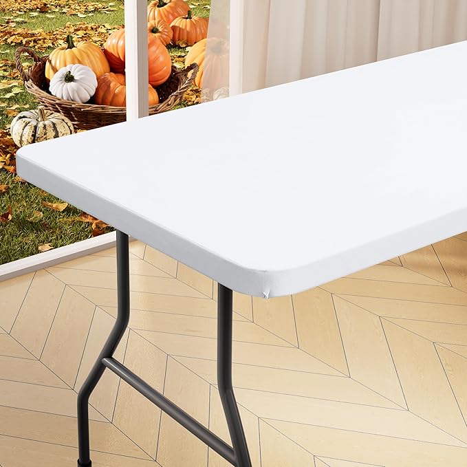 homing Rectangle Table Cloth Cover, Waterproof Polyester Elastic Fitted Tablecloth, Fits for 8 Foot Folding Tables, Washable Table Protector for Picnic, Camping, Outdoor (White, 36" x 96")