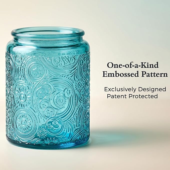 Art Secret 9-Pack 8oz Embossed Glass Candle Jars with Lids and Labels - Sun Moon Stars Design (Blue)