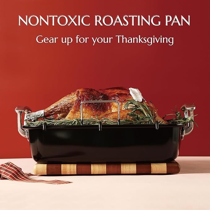 Uukrave Nonstick Turkey Roasting Pan with Rack - Large 18.5 x 14.6 Inch Heavy Duty Roaster for 25 lb Turkey or Chicken, Deep Oven Tray with U-Rack and Wide Handles, Non-Toxic, Black
