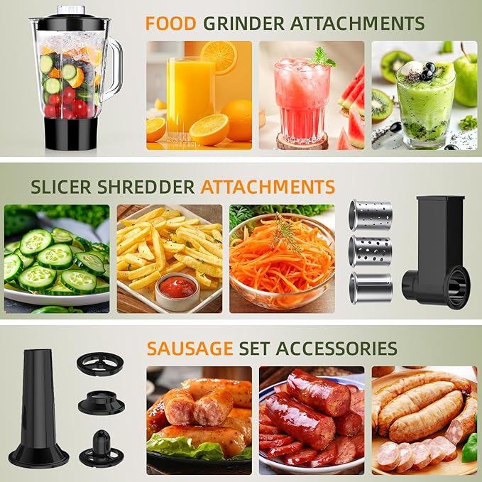 CHeflee Multifunctional Stand Mixer,660W, 6.5QT With Meat Grinder, Vegetable Slicer &1.5L Juice Blender,for Most Home Cooks,Blue