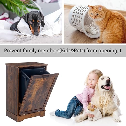 13 Gallons Tilt Out Trash Cabinet, Hidden Trash Can Cabinet Wooden Tilt Out Pet Proof Hidden Trash Bin Cabinet for Kitchen Living Room (Rustic Brown)