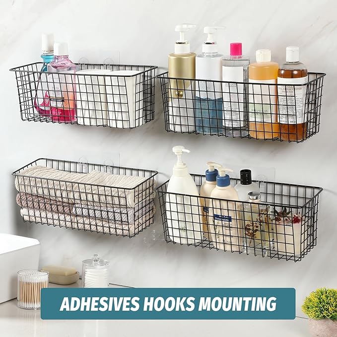 4 Set [EXTRA LARGE] Hanging Wall Mount Storage Baskets with Adhesive Hooks & Steel Hooks, Multiuse Sturdy Wire Metal Organizing Baskets for Home Kitchen Bathroom Pantry Utility Organizer, Black