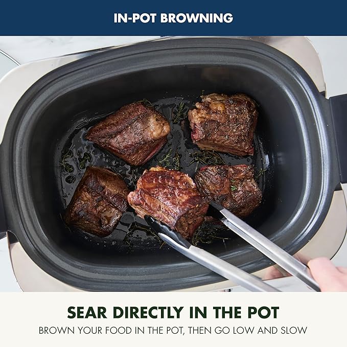 GreenPan Elite 14-in-1 Nonstick 6QT Electric Slow Cooker, PFAS-Free Ceramic Multi-Cooker, In-Pot Browning, Dishwasher Safe Lid & Removable Crock, Stainless Steel Steamer, Silicone Handles, Oxford Blue