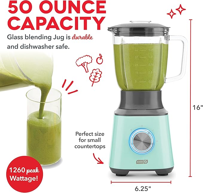 Dash Quest 50 oz Countertop Kitchen Blender, Professional Heavy Duty High Speed Processor and Mixer, Aqua