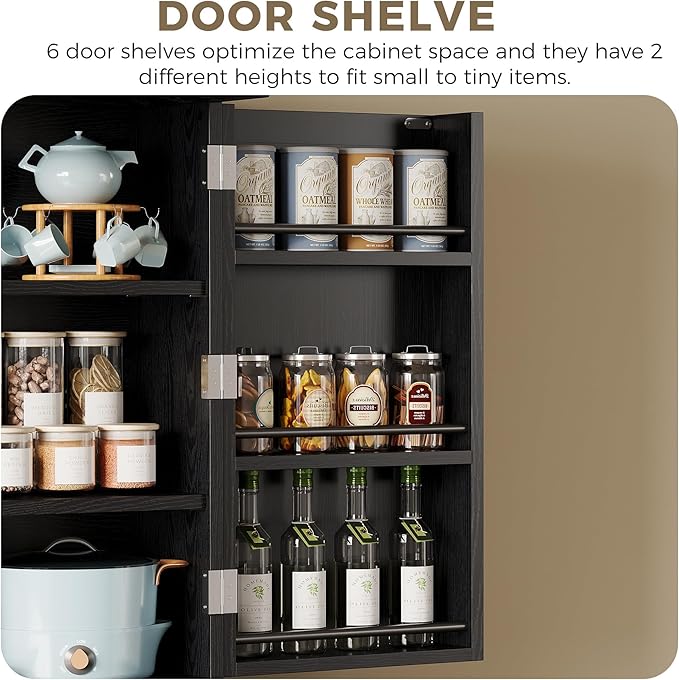 IRONCK Farmhouse Kitchen Pantry Cabinet, 72" Height Tall Freestanding Cupboard with Sliding Storage Rack and 6 Hanging Shelves for Kitchen, Dining Room, Black