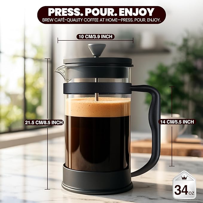 Utopia Kitchen Borosilicate Glass French Press Coffee Maker 34 oz, Heat-Resistant Cafetiere & Tea Maker, Thickened Glass Coffee Press for Travel and Camping, Black (Pack of 2)
