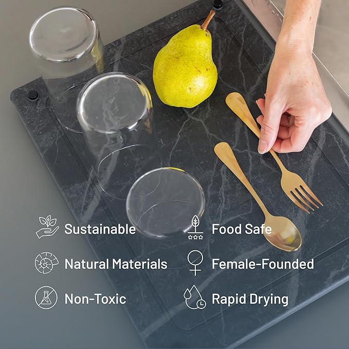 Natural Stone Dish Drying Mat 15.7" x 11.8", Slate Color - Diatomaceous Earth Kitchen Mat | Quick Drying, Non-Toxic, BPA-Free, Eco-Friendly | Female-Founded USA Brand