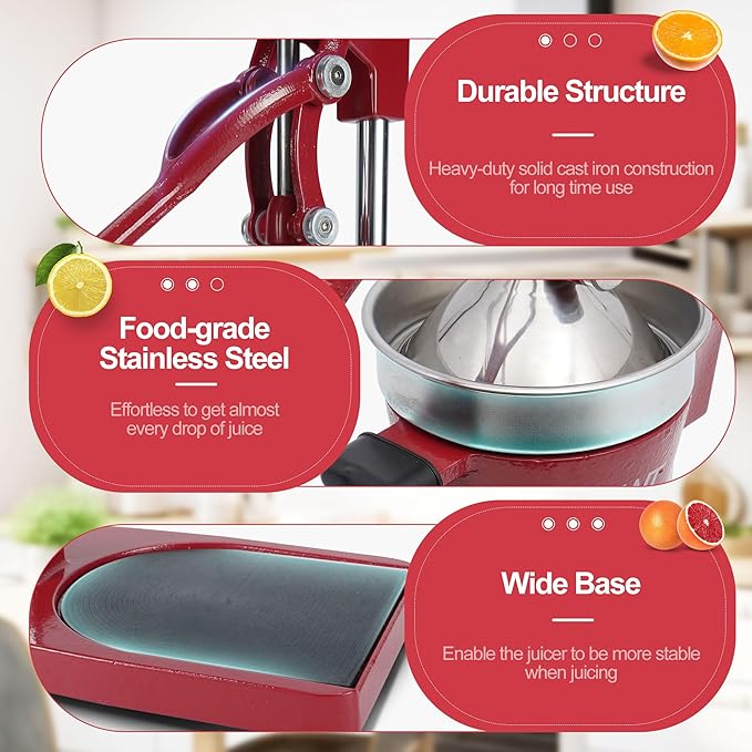 18 Inch Height Commercial Heavy Duty Cast Iron Hand Press Manual Orange Citrus Lemon Lime Grapefruit Pomegranate Fruit Juice Squeezer Machine with Stainless Steel Cup and Durable Base Red
