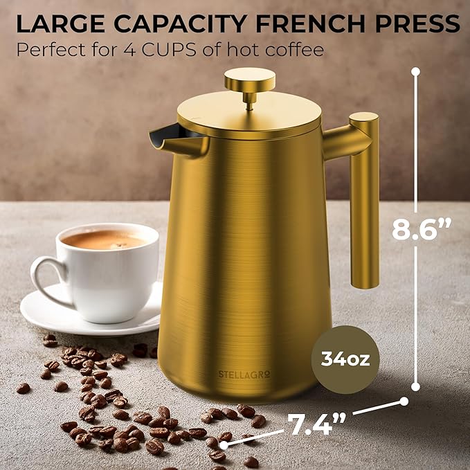 French Press Coffee Maker, Stainless Steel French Press, 34 Oz / 1L, Large Insulated Double Wall Coffee Maker with 3 Extra Mesh Filters, Satin Finish, Gold
