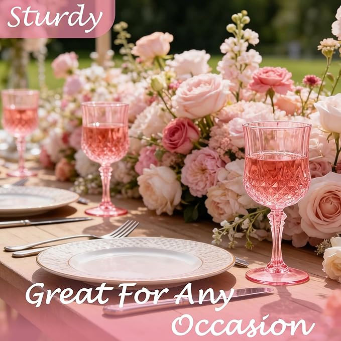 Plastic Wine Glasses, Plastic Goblets Vintage Style Cordial Unbreakable Drinking Glasses, Reusable Drinkware for Wedding Reception, Grand Event Party Supplies (100, Pink)