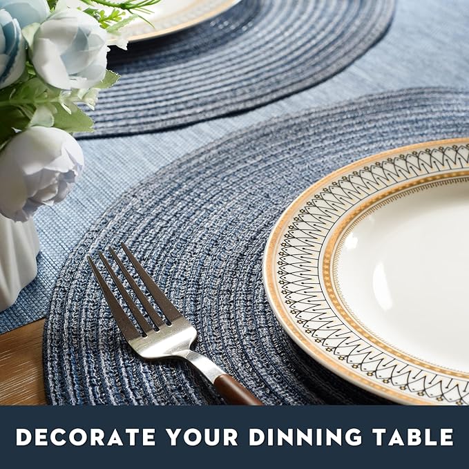 FunWheat Round Braided Placemats Set of 4 Place mats for Dining Tables Woven Heat Resistant Table Mats 15 inch (E Klein Blue, 4pcs)