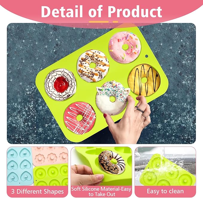 Silicone Donut Pan, Donut Molds for Baking, Donut Maker for 6 Doughnuts, Non-stick Doughnut Pan Muffin Cupcake Bagel Making Tray (Green, Pink, Blue)