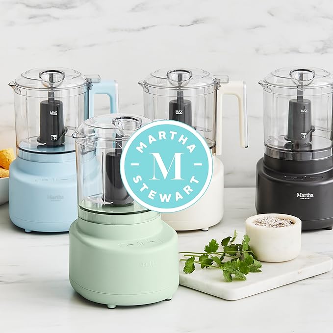 Martha Stewart 3 Cup Electric Food Chopper, Vegetable & Herb Mini Food Processor, 24oz BPA-Free Bowl, Stainless Steel Blades, Pour Spout, Dicing, Mincing, Chop & Puree, Dishwasher Safe, Linen