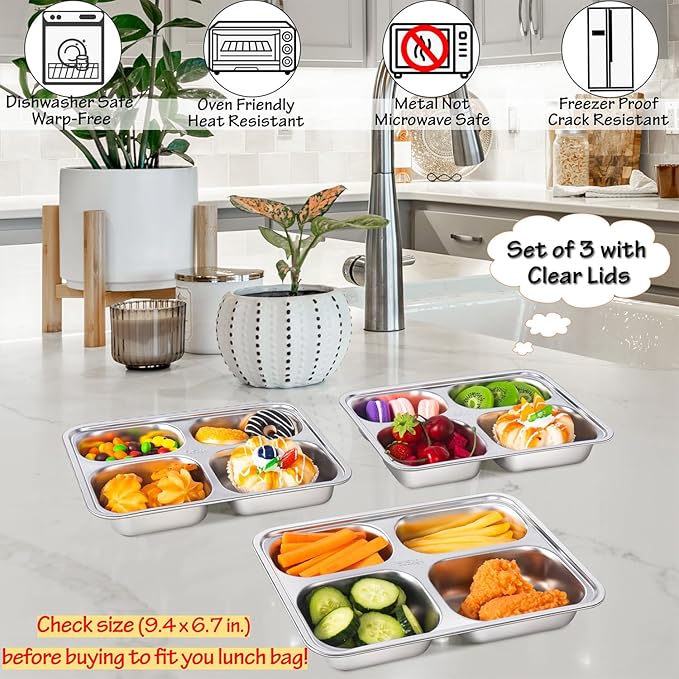 Stainless Steel Snack Containers with Lids - 3 Pack - Large 4-Compartments Bento Snack Boxes - Meal Prep Lunch Containers for Kids Adults - Divided Food Storage Container for School Home Travel