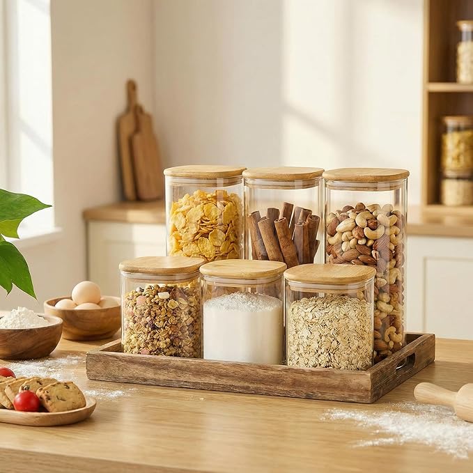 42oz - 4 Pack Square Glass Jars with Bamboo Lids, Glass Food Storage Containers with Airtight Lids for Kitchen, Air Tight Pantry Storage Containers for Cereal, Pasta, Rice, Sugar, Coffee, Spice