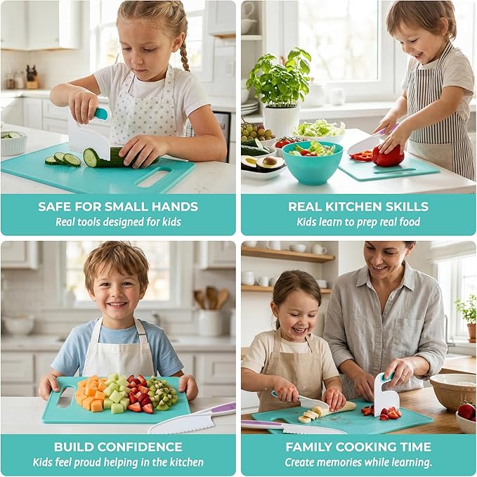 Tovla Jr Kids Safe Knife Set for Real Cooking | Toddler Knife Set with Chopper and Cutting Boards | Montessori Kitchen Tools with Visual Recipe Booklet | Ages 4 to 10