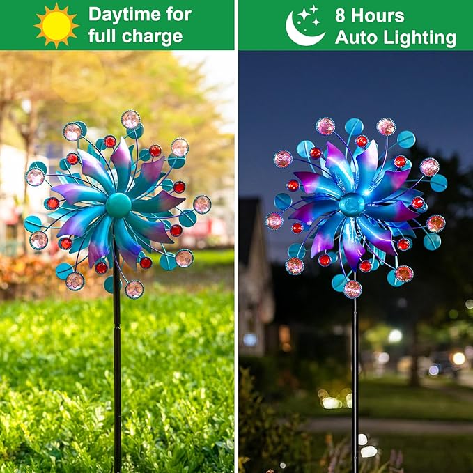 Solar Wind Spinner for Yard and Garden – 61 Inch Outdoor Metal Kinetic Sculpture with Multi-Color LED Glass Ball Light – Waterproof Windmill Stake for Patio, Lawn, and Pathway Decoration (Blue)