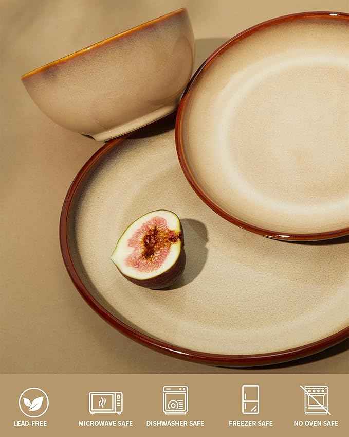 Ceramic Dish Set for 6, 18 Piece Dinnerware Set for Small to Medium Families, Reactive Glaze Design, Dishwasher & Microwave Safe, Brown Yellow